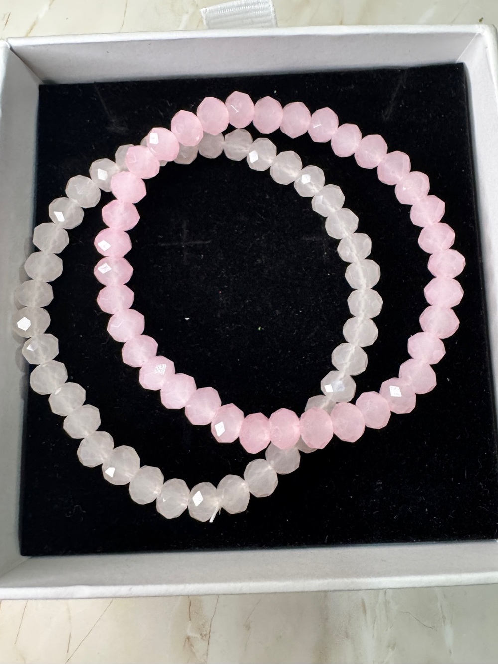 Pink 2 glass Beaded Stretch Bracelet Set - Pink and White